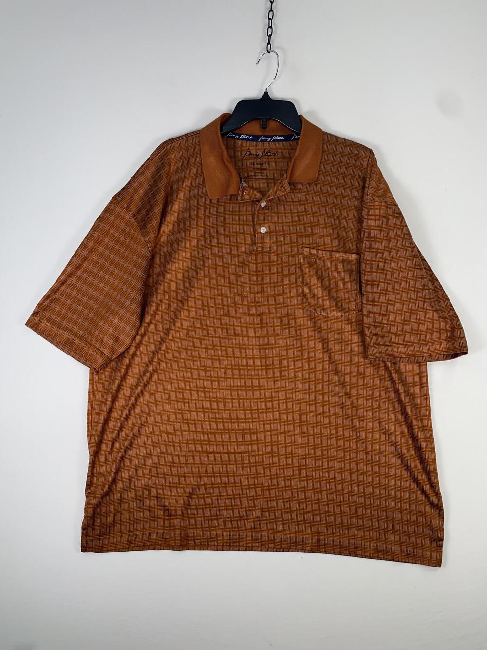 Perry Ellis Polo Shirt Mens 2XL Orange Check 100% Polyester Short Sleeve Tagless